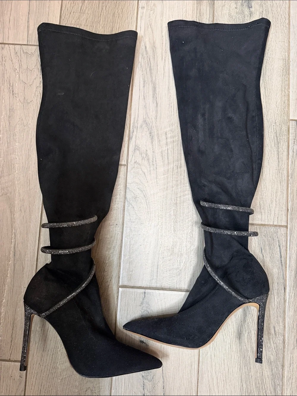 Black Knee-High Stiletto Boots with Rhinestone Wrap